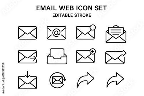 Email web icon set. Line icons collection. Editable stroke. Thin outline style. E-mail, letter, message, communication. Send, receive, inbox, reply, forward. UI, UX design.