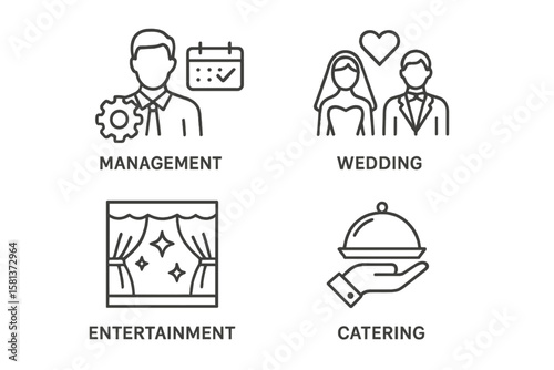 Event planning set of 4 linear web icons, event organization symbols for web and mobile apps, featuring management, wedding, entertainment, catering, invitations, and more