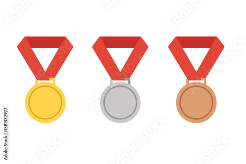 Gold, silver and bronze medal vector set. Glowing award medals with red ribbon. Champion winner icon collection. First second third place. Sports victory concept. Achievement success reward