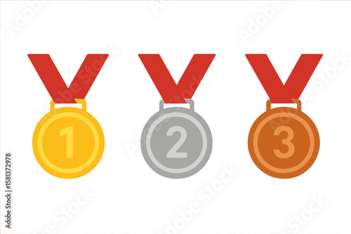 Gold silver bronze medal set with red ribbon. Vector sports award podium medals 1st 2nd 3rd place. Transparent background champion trophy badge icon for competition winner