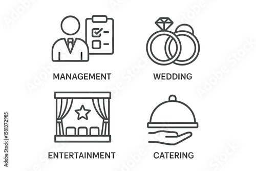 Event planning icon collection. Set of 4 linear web icons for event organization. Management, wedding rings, entertainment stage, catering service, invitations vector symbols.