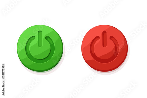 Green and red power on off 3D button icons. Set of glowing switch symbols. Power control start stop button. Energy toggle symbol. UI interface element. Vector illustration design