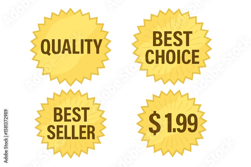 Golden starburst badge set with price tag and promotional labels. Sunburst retro sale sticker icons. Quality, best seller, best choice, discount label vector on glowing background