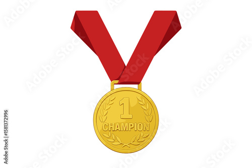 Gold medal with red ribbon for number one champion winner. First place sports award badge with laurel wreath. Victory concept symbol. Vector illustration for achievement and success