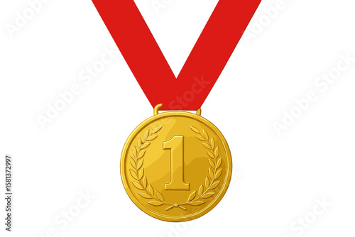 Gold medal with red ribbon, number one award winner, first place victory symbol, golden champion medal icon, achievement recognition vector, honor and success celebration