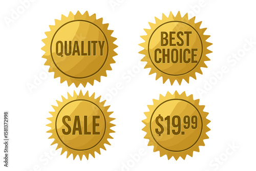Golden sunburst sale and price badges set. Retro starburst discount stickers. Quality label. Best choice emblem. Vector promotion icons. Transparent PNG background design