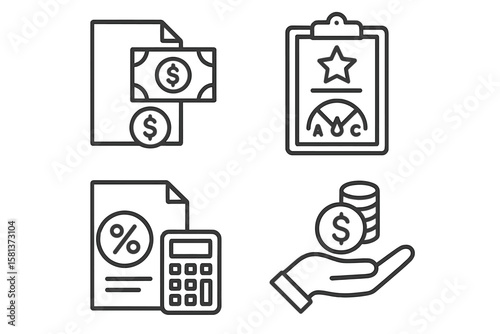 Loan and Credit Icon Set of 4 in Line Style, Linear Collection Featuring Loan, Money, Credit Rating, Business, Leasing, Interest, Calculator, Financial and Banking Concepts