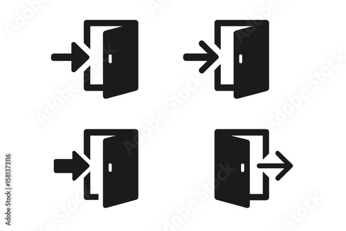 Login and Logout Icons Set. Sign In and Sign Out Vector Symbols. Open and Closed Door with Arrow. Black Enter and Exit Icons. User Access, Entry, and Exit Concepts. Modern Flat Style Illustration.