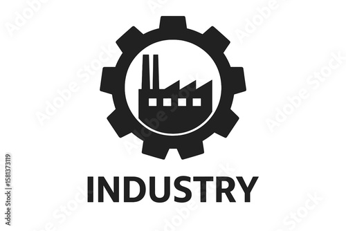 Industrial factory icon with gear symbol. Manufacturing plant silhouette. Black machinery logo. Heavy industry concept. Engineering cogwheel emblem. Vector design for production business