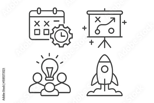 Linear style management icon set of 4 for web and mobile app, project management, business organization, planning, startup concepts, workflow, team collaboration