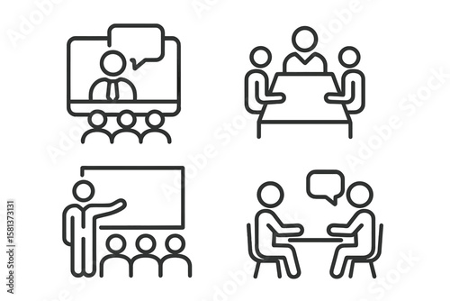 Business meeting icons set. Line style vector icons for webinar, conference, classroom training, teamwork, interview, group discussion, online seminar, corporate communication