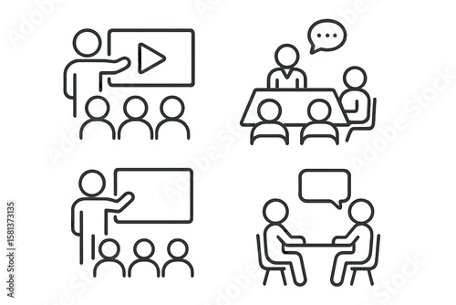 Business Meeting and Webinar Line Icons Set. Conference Presentation, Team Discussion, Classroom Training, Interview, Communication, Corporate Seminar, Outline Vector Illustration