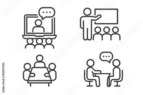 Business meeting and communication icons set. Line style vector collection. Webinar, conference, classroom training, team discussion, interview, online seminar, group presentation