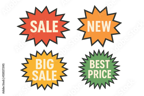 Colorful promotional starburst badges with bold sale, discount, new arrival, and best price text labels. Marketing and retail offer tags for e-commerce and store advertising