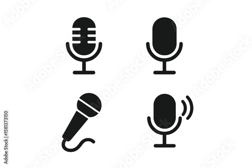 Microphone icon set. Audio mic symbols collection for podcast, voice recording, music, streaming, karaoke, communication. Vector isolated icons for web and mobile apps UI