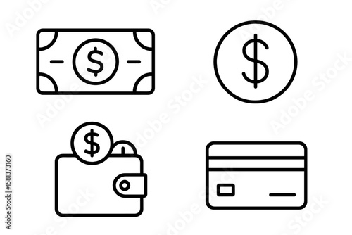Money and finance icon set with 4 line style vectors for web and mobile apps, including payment, cash, dollar, coin, banking, business, finance, and digital transactions