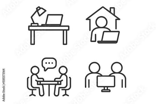 Office and coworking icon set. Remote working, home office, team collaboration, face-to-face meeting, coworker communication, desk workspace vector line icons