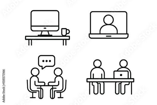 Office and coworking icon set in modern line style. Remote working, team meeting, coworker discussion, workspace desk, online communication, video call, business collaboration