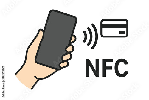 NFC technology contactless wireless payment concept with hand holding smartphone and Near Field Communication logo, mobile phone NFC payment, digital wallet, wireless transaction