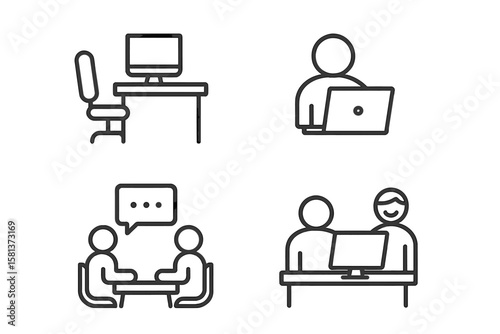 Office workspace and coworking line icon set. Remote working, desk job, business meeting, online communication, coworker collaboration, workstation, team at computer