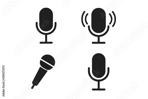 Microphone icons set. Vector mic symbols for podcast, voice recording, karaoke, mute, live audio. Minimal dark UI mic icon pack for app, web, media software, transparent background