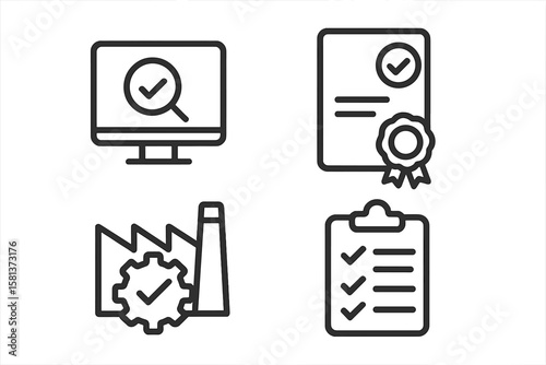 Quality assurance icons set. Certification document, industrial plant, checklist, and computer with magnifier checkmark. Line style vector for ISO compliance and quality control