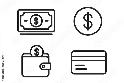 Money and finance icon set in modern line style. Dollar sign, cash, coin in wallet, and credit card. Banking, payment, finance, e-commerce, and business transaction symbols