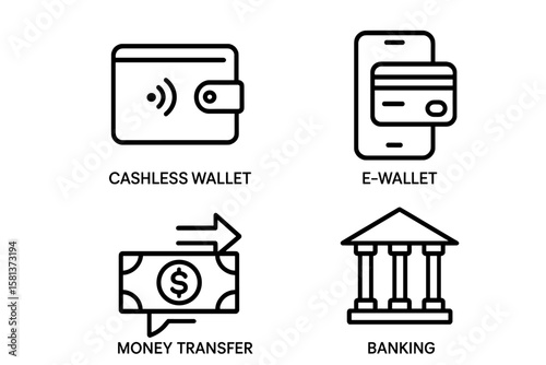 Online payment icons set. Cashless wallet, e-wallet with credit card, digital money transfer, modern banking symbol. Mobile finance, fintech, contactless transaction line vector icons