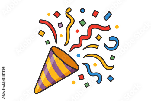 Festive party popper explosion with colorful confetti streamers. Celebration icon for birthday, New Year, anniversary, or holiday event. Cheerful decorative flapper burst vector