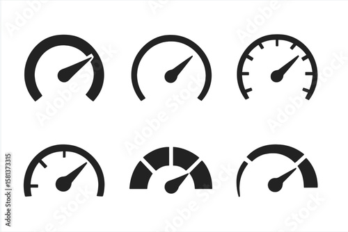 Speedometer gauge black icon set. Internet speed indicator. Tachometer dashboard icons. Fast loading. Gauge UI element. Performance meter. Credit score dial vector set