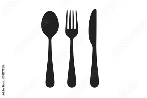 Spoon, fork and knife black silhouette set. Cutlery vector icon on transparent background. Minimalist kitchen utensil set. Restaurant tableware symbols for menu or food design