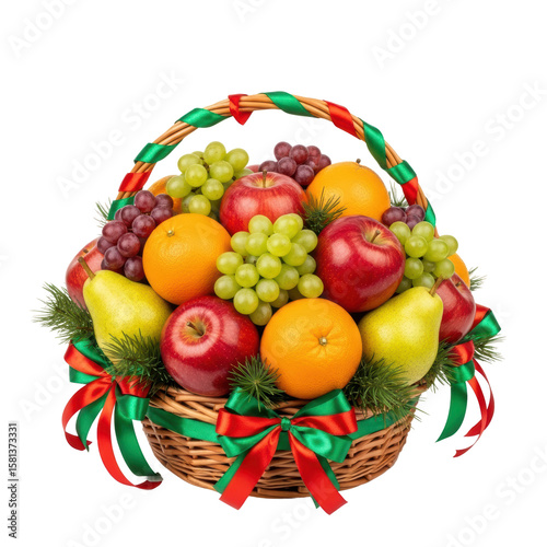 Festive fruit basket with apples, pears, grapes, and oranges. Holiday gift idea.