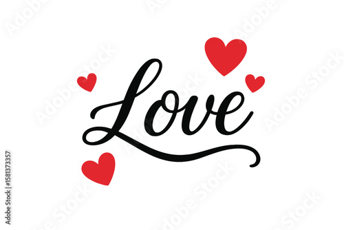 Romantic love calligraphy text with glowing red hearts. Valentine’s Day handwritten script. Elegant typography with heart symbols on dark background. Passion, affection, romance vector