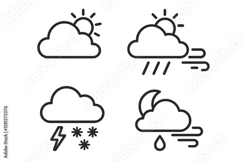 Weather forecast icon set in minimal line style. Cloudy, sunny, rainy, windy, snowy, thunderstorm, and nighttime weather symbols for mobile apps and web design on dark background