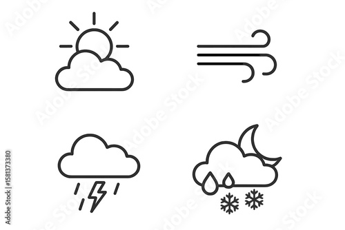 Weather forecast icon set in line style. Minimalist weather symbols for apps and web: sunny, windy, thunderstorm, night rain snow, clouds, lightning, snowflake, moon phase