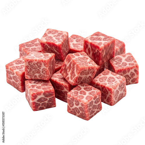 Pile of marbled wagyu beef cubes. The raw meat is cut into small square chunks, ideal for grilling or stir frying.