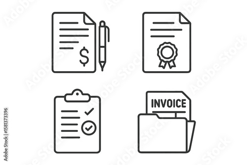Business document icons set. Invoice folder, contract with pen, certified certificate, checklist form. Line style outline icons for workshop, team management, coaching, finance apps