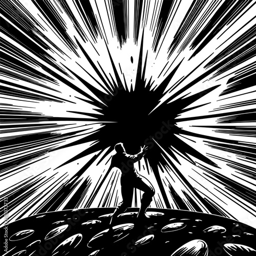 Facing Cosmic Explosion in Comic Style Silhouette grunge texture background