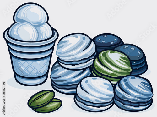 Colorful Macarons and Ice Cream Cup Illustrating Delicious Desserts for Food Websites, Culinary Blogs, Dessert Menus, Sweet Treats Awareness, and Cooking Content  