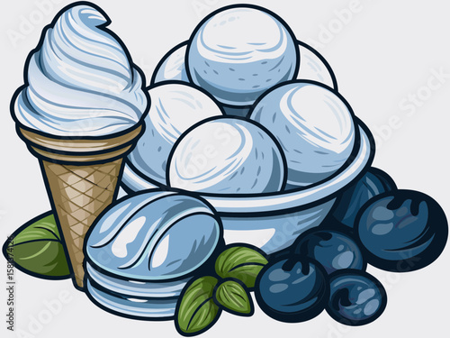 Vanilla Ice Cream in Bowl with Blueberries and Cone for Food Blogs, Dessert Menus, Culinary Articles, and Summer Recipe Guides  
