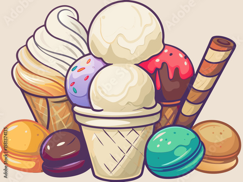 Colorful Ice Cream Cones and Macarons for Desserts, Sweet Treats, Food Blogs, Dessert Menus, Culinary Articles, and Social Media Content  