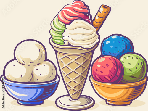 Colorful Ice Cream Desserts in Bowls and Cone for Food Blogs, Dessert Recipes, Summer Treats, Ice Cream Shops, and Sweet Cravings  