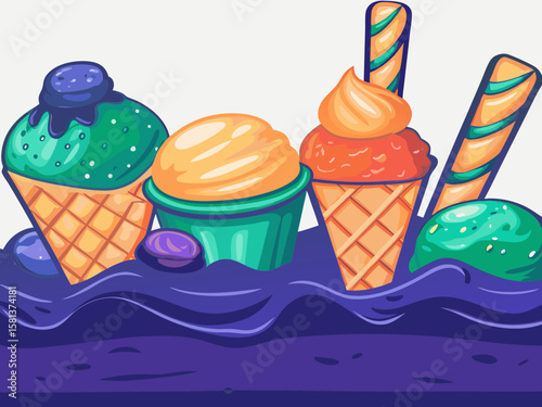 Colorful Ice Cream Cones and Cups on Vibrant Purple Background for Dessert Blogs, Culinary Websites, Summer Celebrations, and Social Media Food Posts  