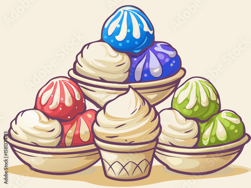 Colorful Ice Cream Cones and Bowls Stacked for Dessert Menus, Summer Treats, Food Blogs, and Sweet Indulgence Content  