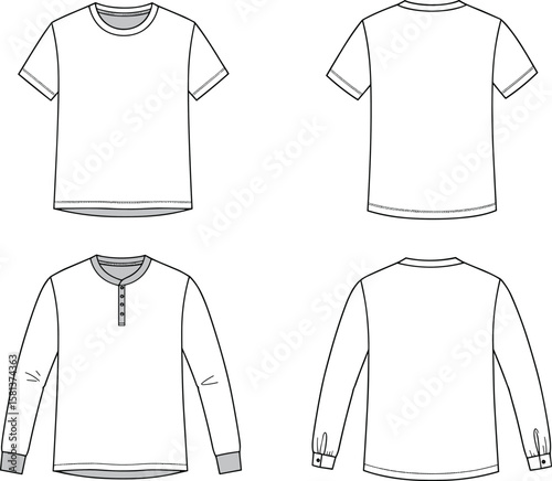 Photography Vector fashion flat sketch of T-shirt and Henley shirt, front and back views, ga