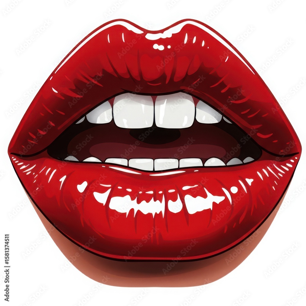 Obraz premium Glossy red lips with white teeth isolated on white background