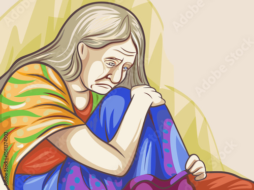 Elderly Woman Expressing Sadness While Comfortable at Home in Colorful Attire for Blogs, Articles, Awareness Campaigns, Social Media, and Wellness Websites  
