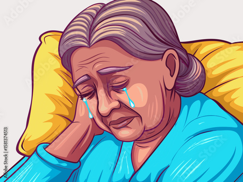Sad Elderly Woman with Tears, Emotional Reflection in Illustrative Style for Mental Health Awareness, Social Media Content, and Educational Materials  