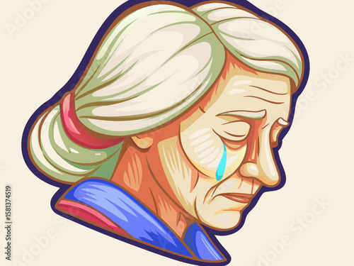 Elderly Woman with Tearful Expression in Illustrative Style for Emotional Awareness, Mental Health Blogs, Compassionate Content, and Social Media Campaigns  