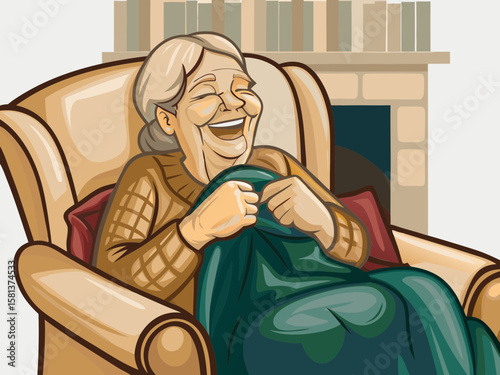 Cheerful Elderly Woman Knitting in Cozy Armchair with Blanket by Fireplace for Blogs, Wellness Websites, Community Awareness, and Family Connection Content  